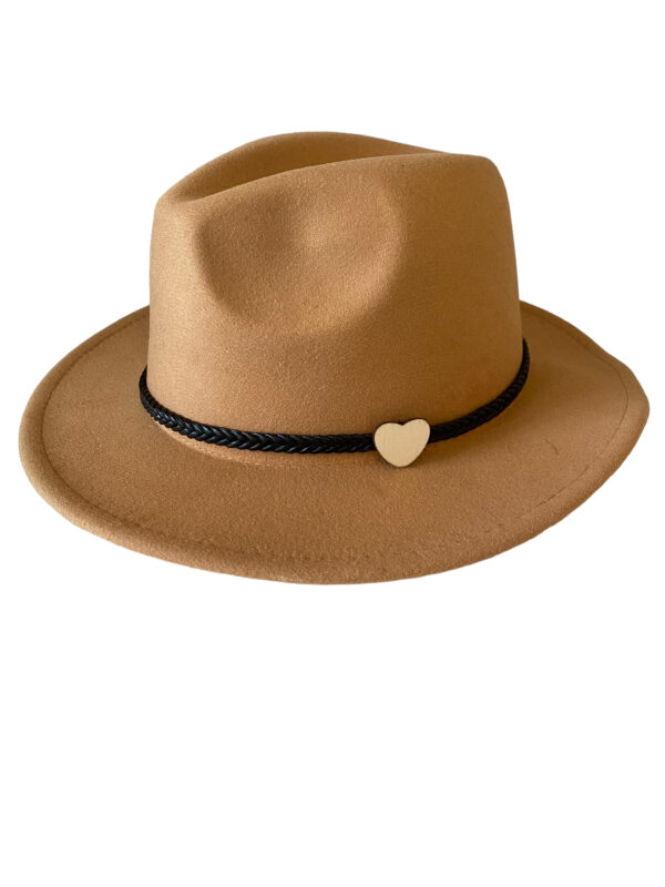 Camel coloured fedora hat with lovely trim and heart detail. Check out our range of millinery made feather pins to add to these hats to add that touch of class to these fedora hats.